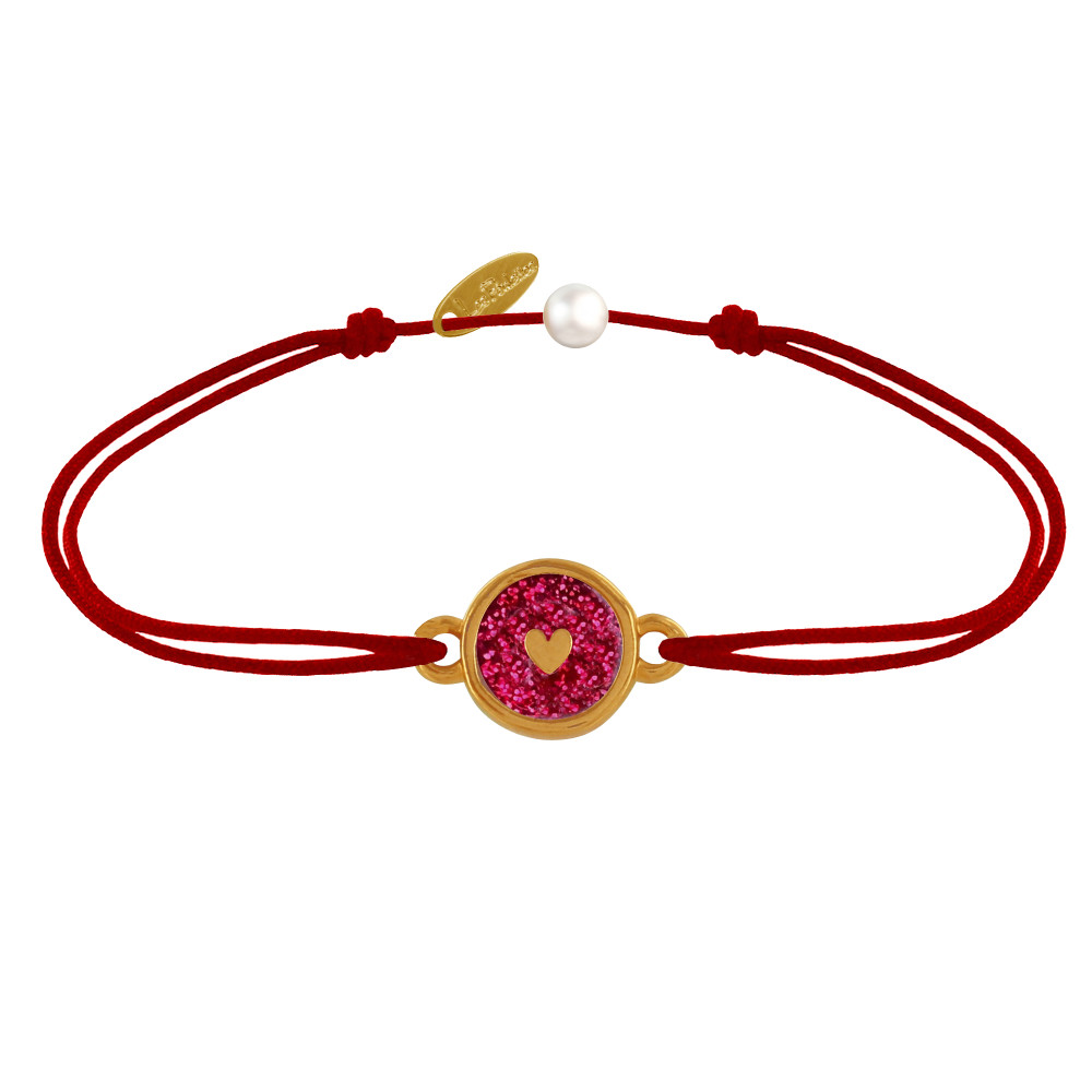 LES POULETTES BIJOUX Bracelet Lien Médaille Laiton Doré Ronde Coeur Emaillée Rouge P