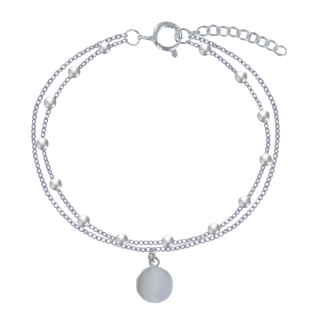 LES POULETTES BIJOUX Bracelet Argent 925 Billes Double Chaines et Médaille Ronde