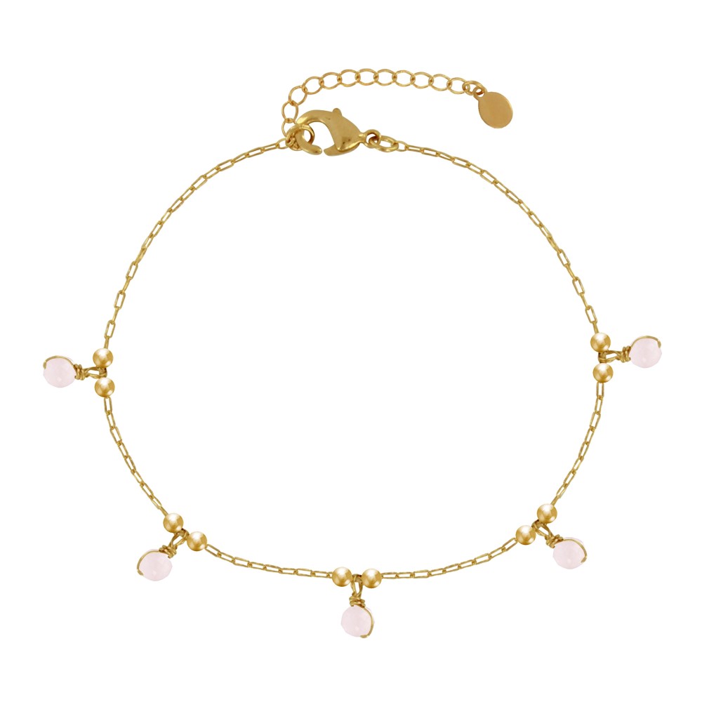 LES POULETTES BIJOUX - Bracelet Plaqué Or 5 Perles Facettées de Quartz Rose