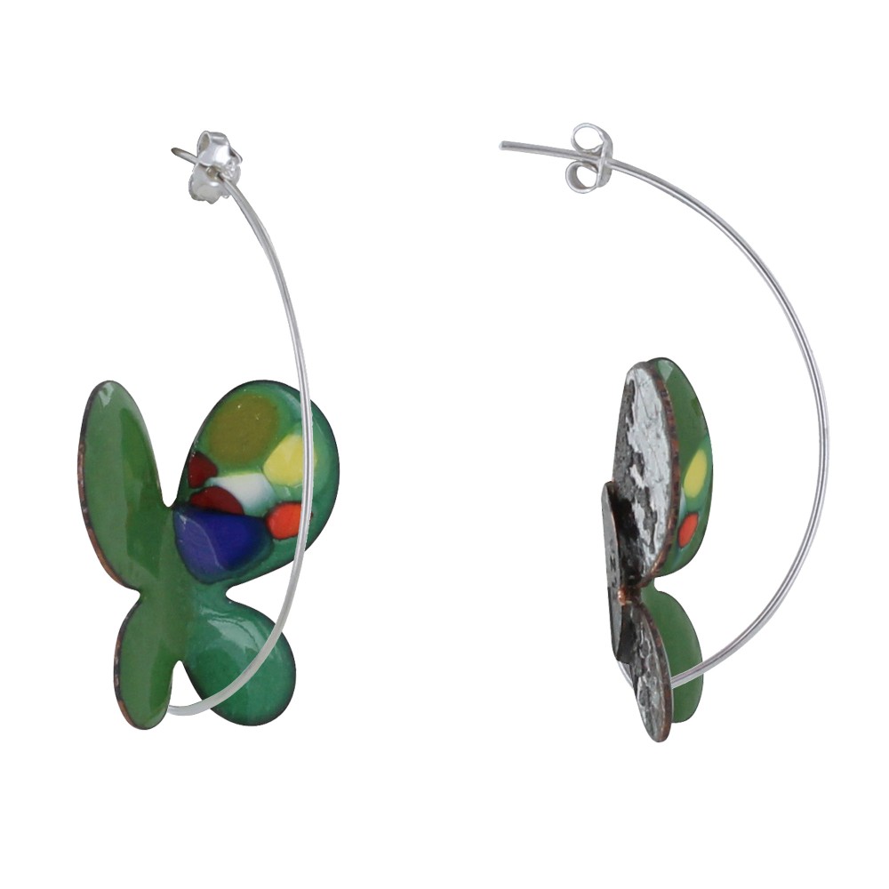 LES POULETTES BIJOUX Boucles d'Oreilles Papillons Émaillés Vert Points Multicolores