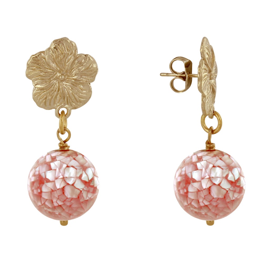 LES POULETTES BIJOUX Boucles d'Oreilles Clous Métal Doré Fleur et Perle de Nacre Fac