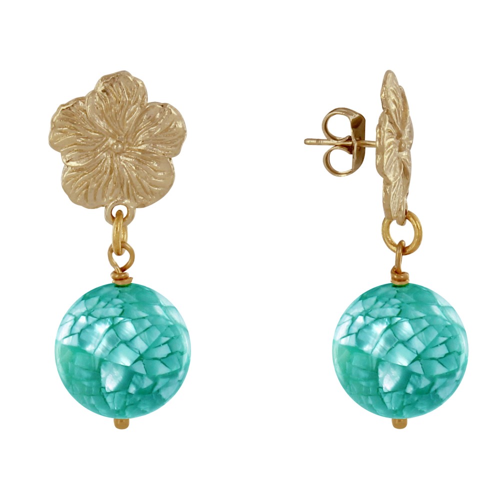 LES POULETTES BIJOUX Boucles d'Oreilles Clous Métal Doré Fleur et Perle de Nacre Fac