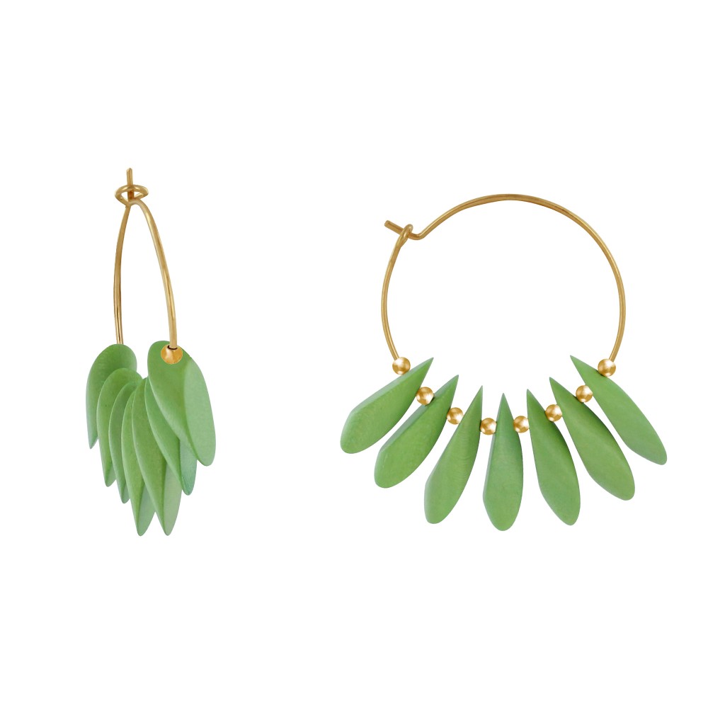LES POULETTES BIJOUX - Boucles d'Oreilles Créoles en Acier Pétales en Bois - Vert