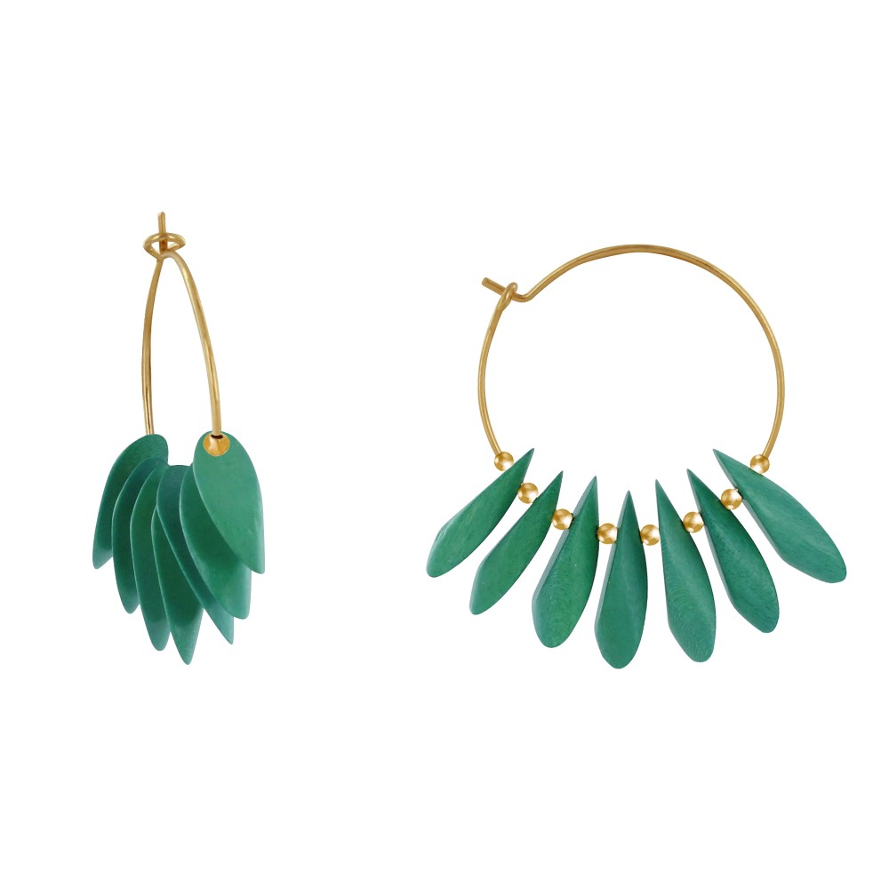 LES POULETTES BIJOUX - Boucles d'Oreilles Créoles en Acier Pétales en Bois - Vert Fo