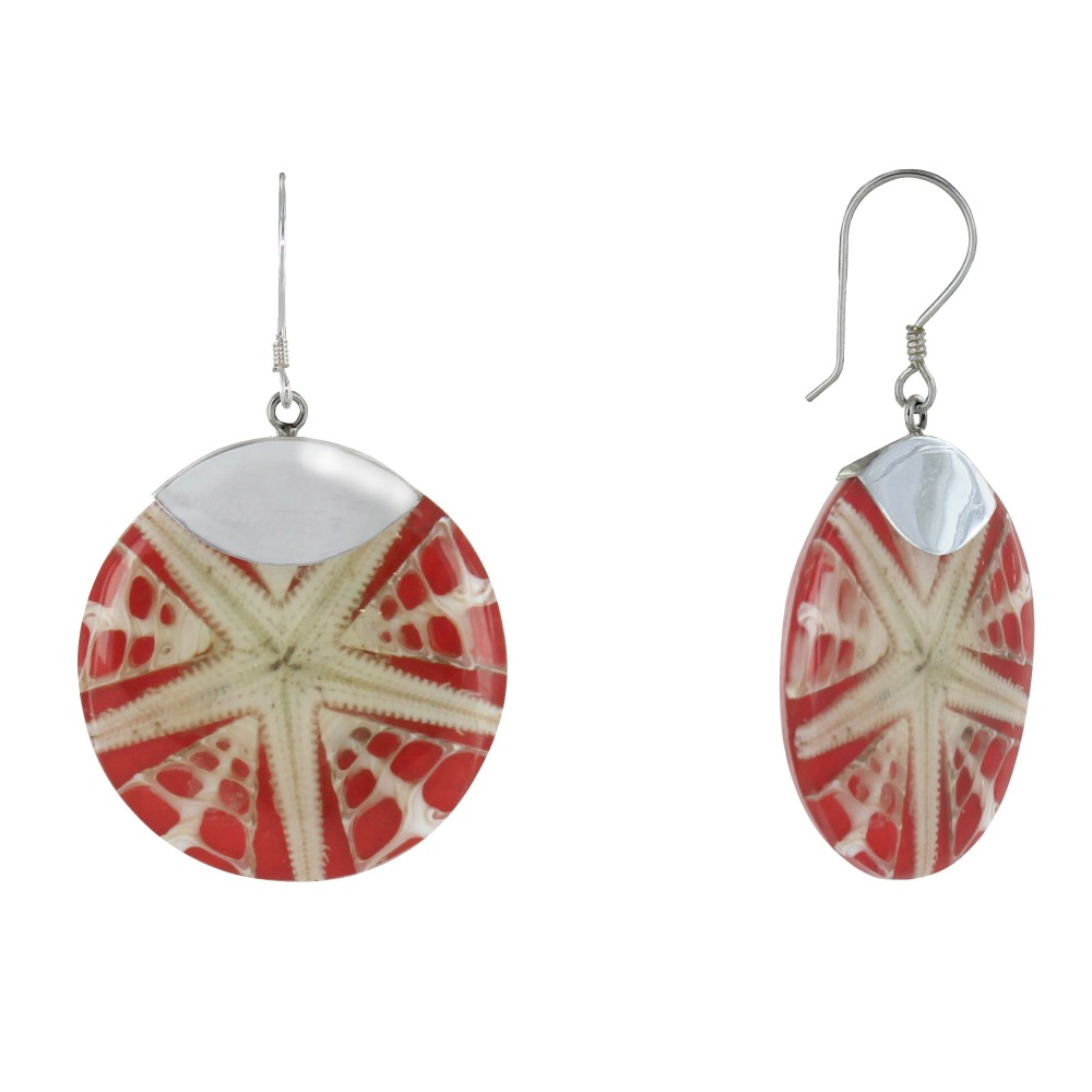 LES POULETTES BIJOUX Boucles d'Oreilles Argent 925 Disque Etoile de Mer - Rouge