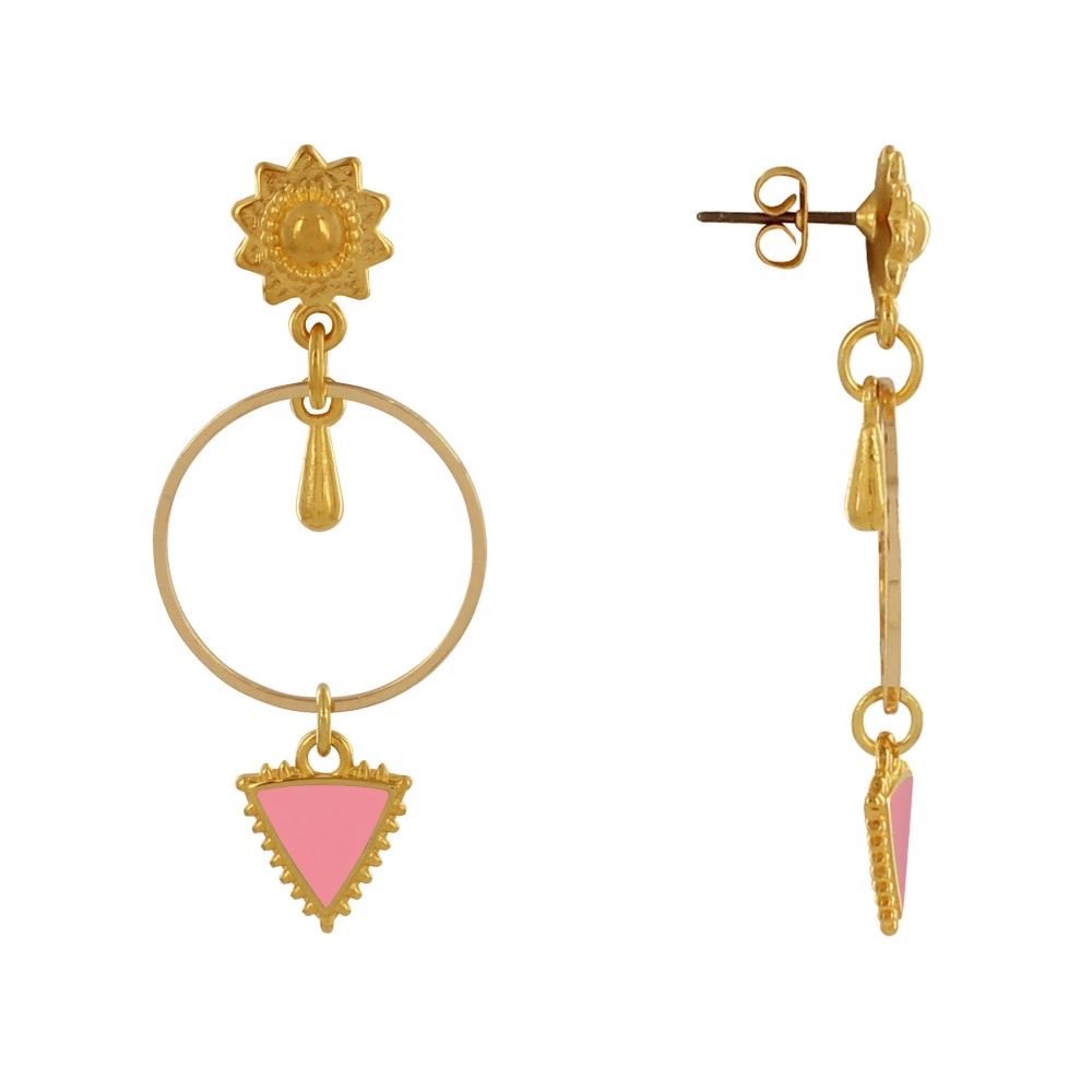 LES POULETTES BIJOUX Boucles d'Oreilles Laiton Doré Cercle Goutte et Triangle Émaill