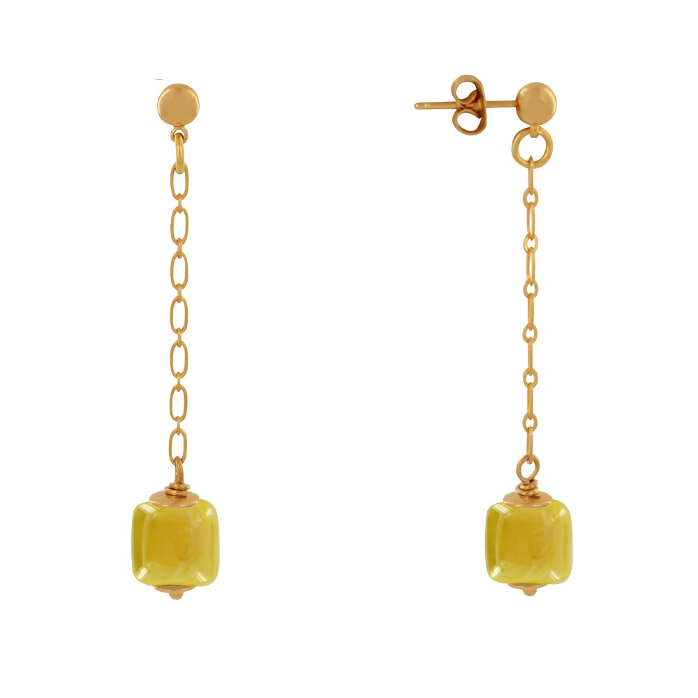 LES POULETTES BIJOUX Boucles d'Oreilles Chainette Laiton Doré et Cube en Céramique -