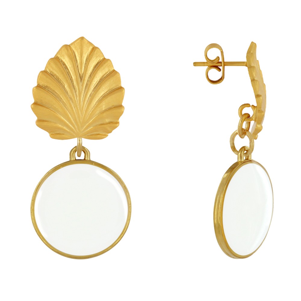 LES POULETTES BIJOUX Boucles d'Oreilles Clous Laiton Feuille et Disque Émaillé - Bla