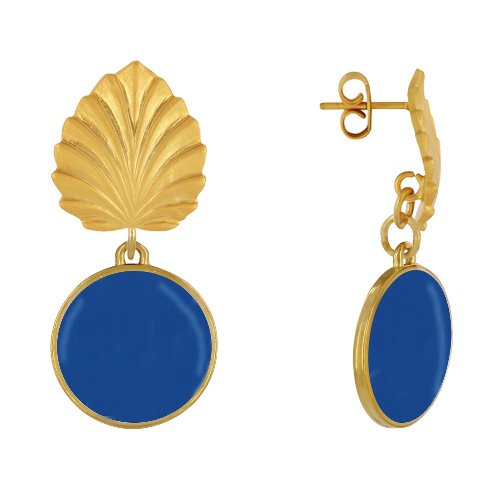 LES POULETTES BIJOUX Boucles d'Oreilles Clous Laiton Feuille et Disque Émaillé - Ble