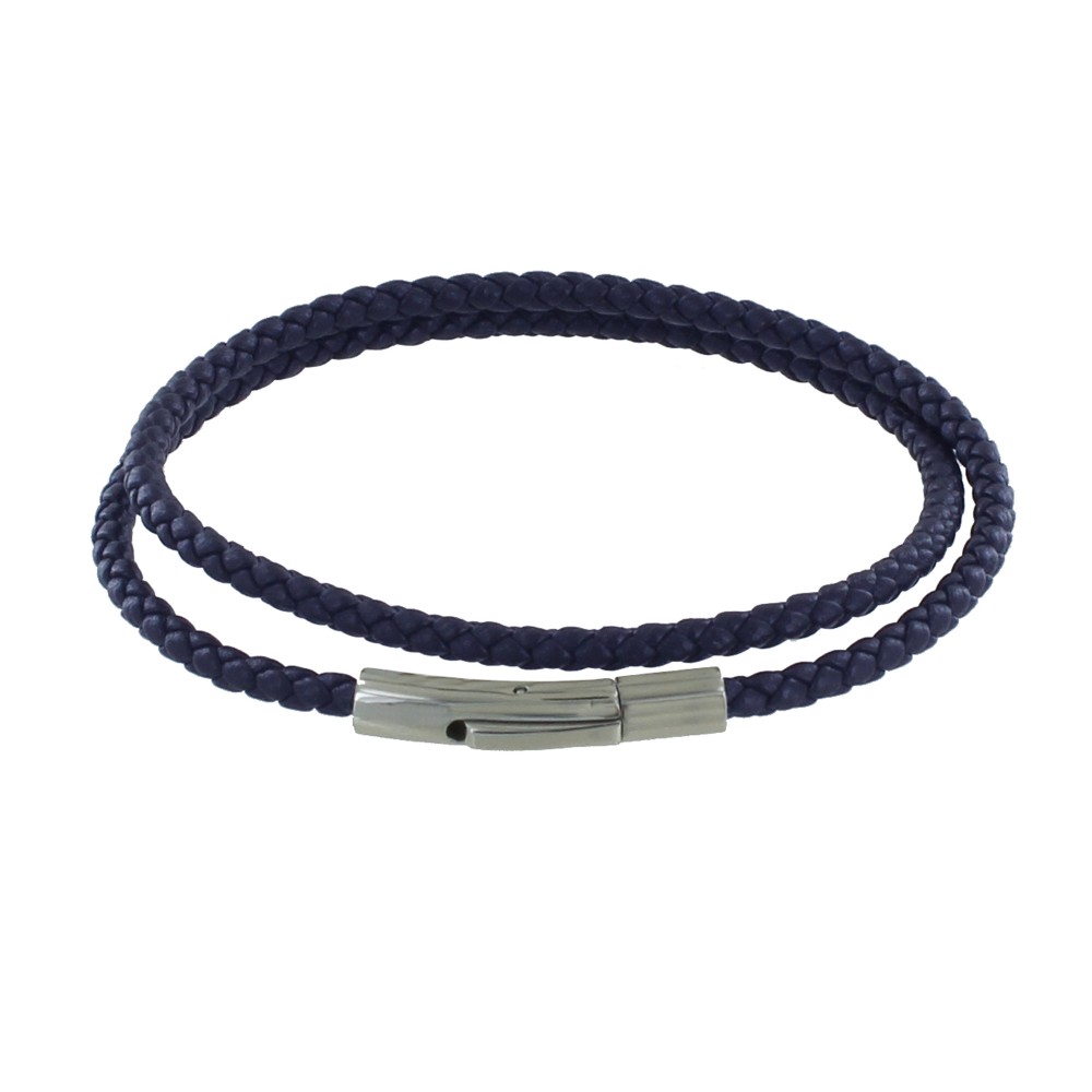 LES POULETTES BIJOUX Bracelet Homme Double Tour Cuir Tréssé Rond pour Poignet 19cm -