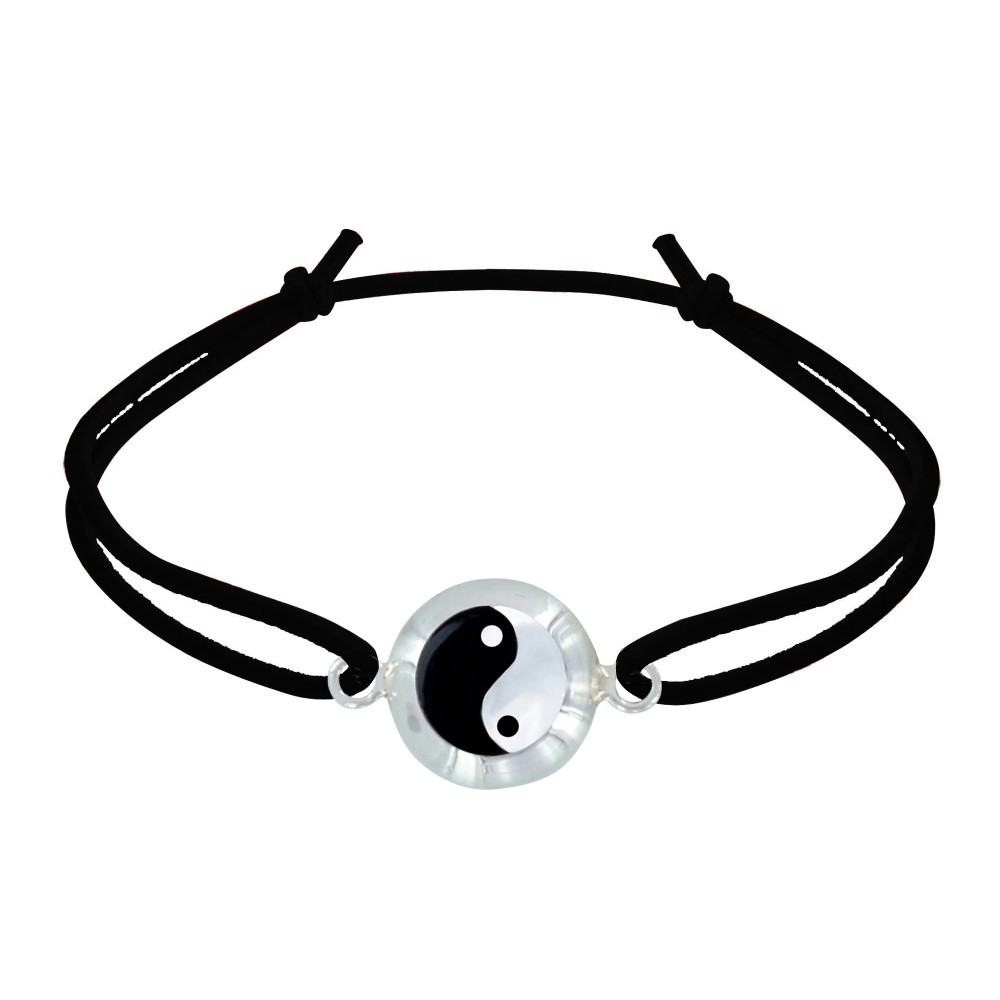 LES POULETTES BIJOUX Bracelet Lien Elastique Médaille de Nacre Yin et Yang - Noir