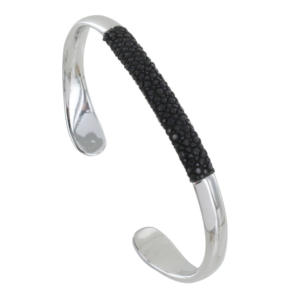 LES POULETTES BIJOUX Bracelet Mixte Demi Jonc Laiton Rhodié et Cuir - Noir