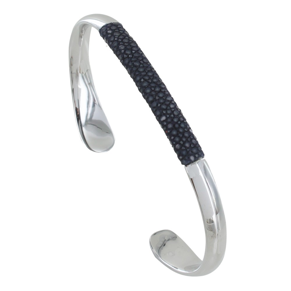 LES POULETTES BIJOUX Bracelet Mixte Demi Jonc Laiton Rhodié et Cuir - Bleu Navy