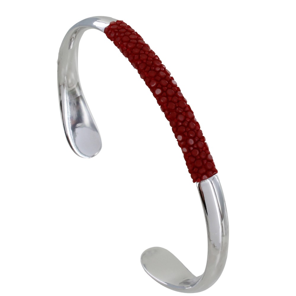 LES POULETTES BIJOUX Bracelet Mixte Demi Jonc Laiton Rhodié et Cuir - Rouge