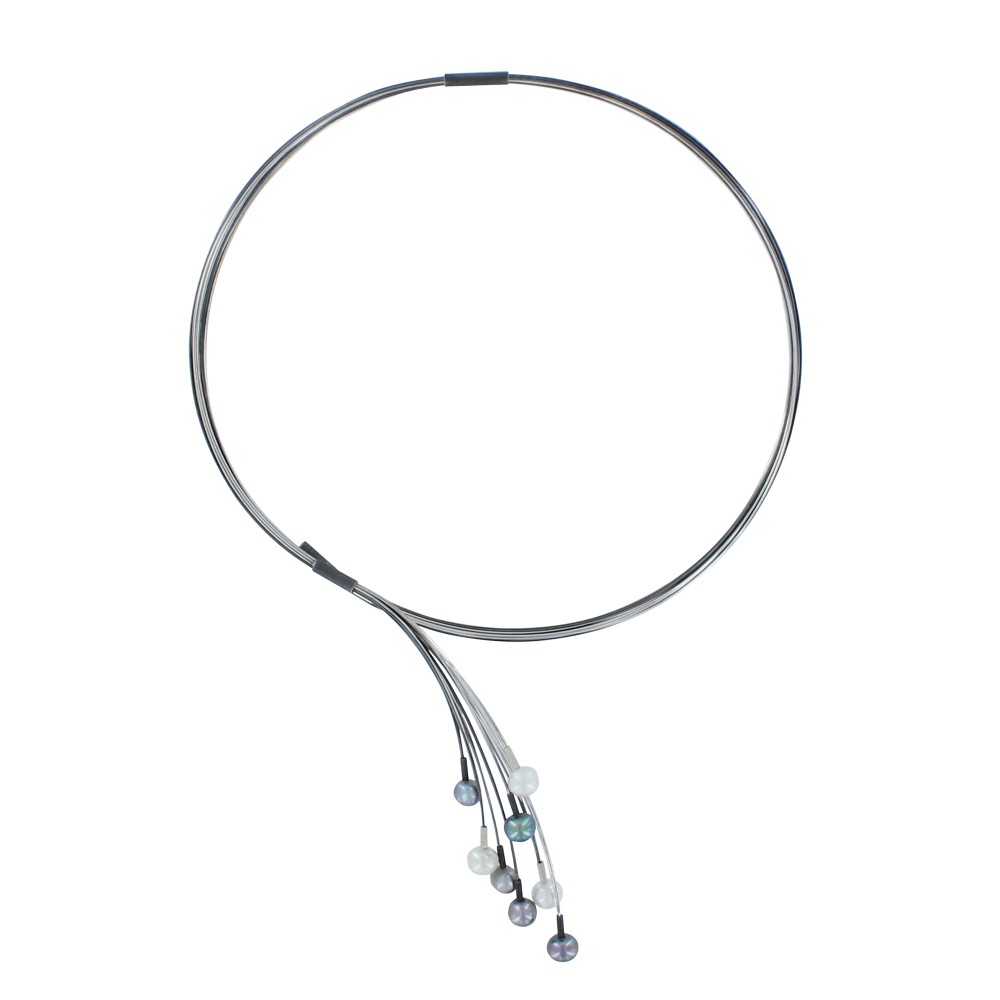 LES POULETTES BIJOUX Collier Ras de Cou Argent 925 Eventail de Perles Grises et Blan