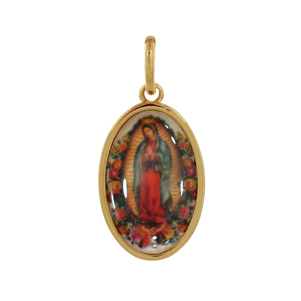 LES POULETTES BIJOUX Pendentif Plaqué Or Médaille Ovale Vierge de Guadalupe Coloré