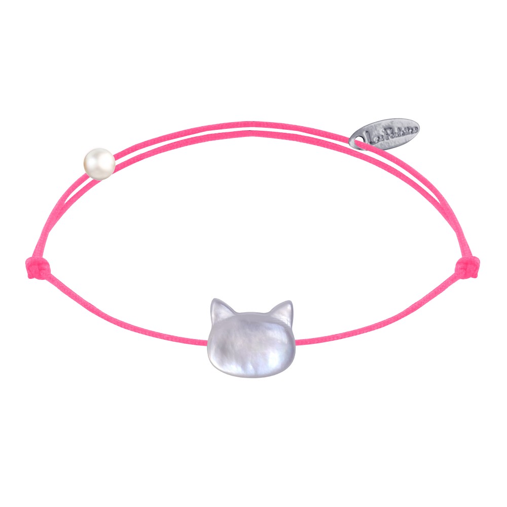 LES POULETTES BIJOUX Bracelet Lien Tête de Chat en Nacre - Rose Fluo