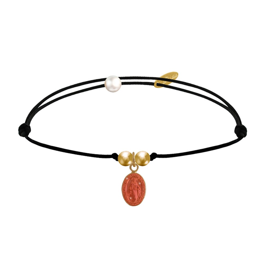 LES POULETTES BIJOUX Bracelet Lien Noir Médaille Vierge Miraculeuse Colorée et 2 Per