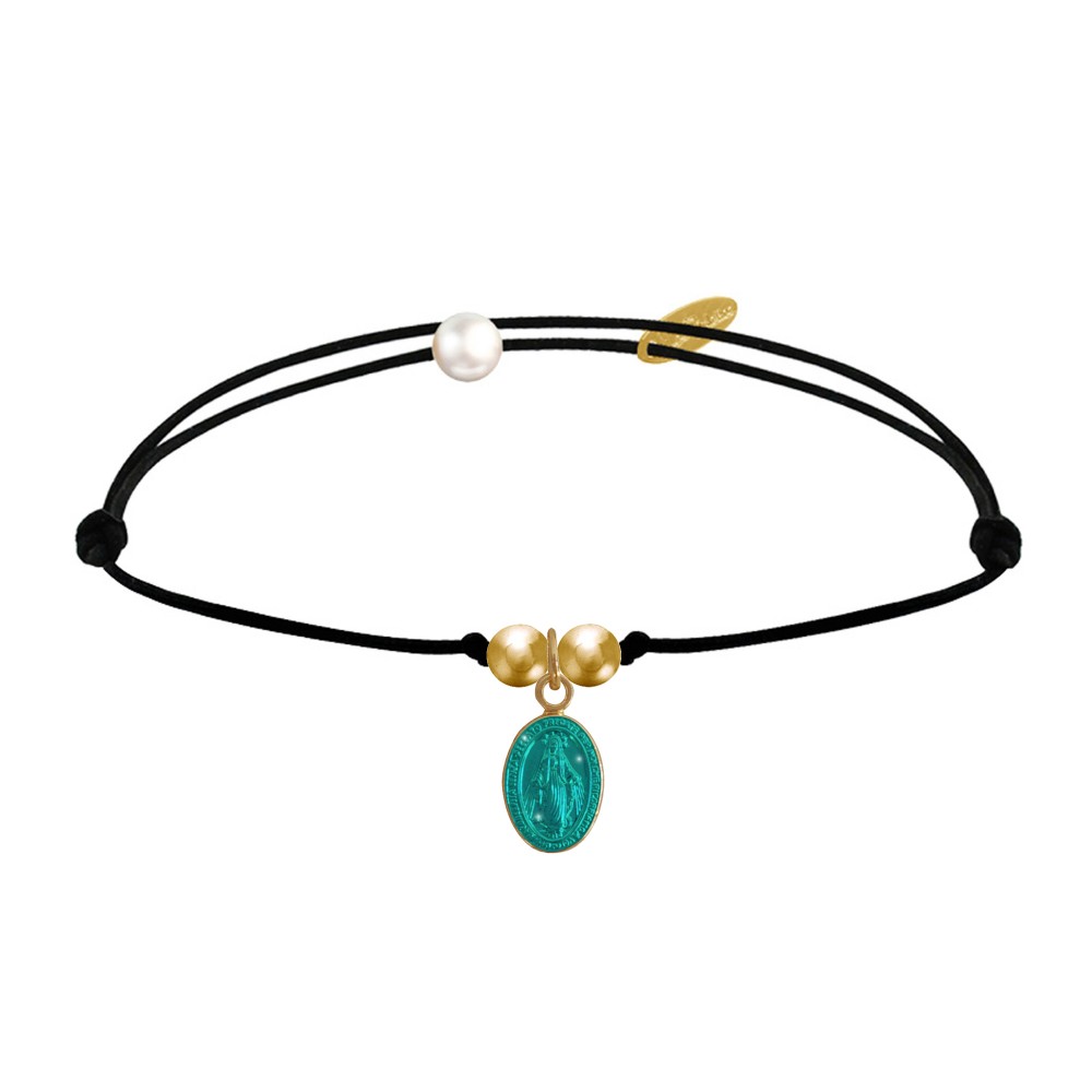 LES POULETTES BIJOUX Bracelet Lien Noir Médaille Vierge Miraculeuse Colorée et 2 Per