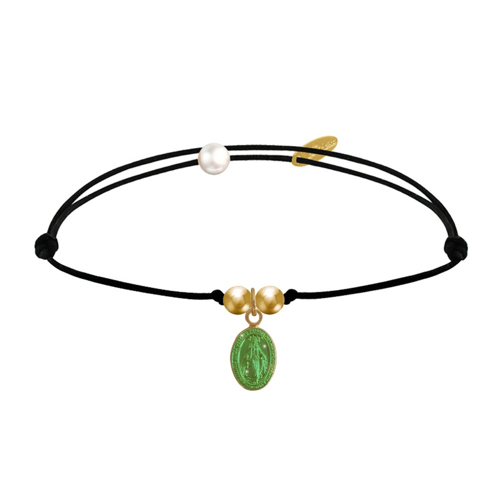 LES POULETTES BIJOUX Bracelet Lien Noir Médaille Vierge Miraculeuse Colorée et 2 Per
