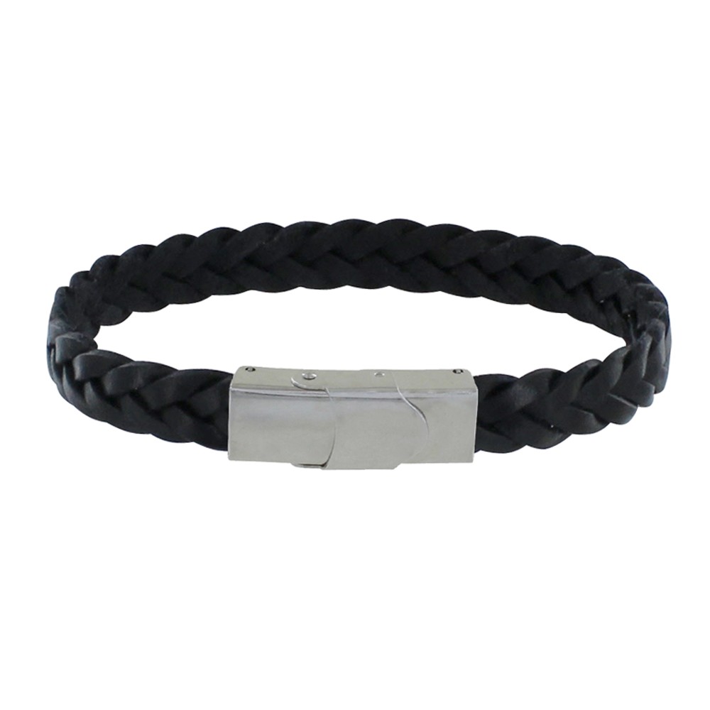 LES POULETTES BIJOUX Bracelet Enfant Cuir Noir Tréssé Plat Fermoir Acier Inoxydable