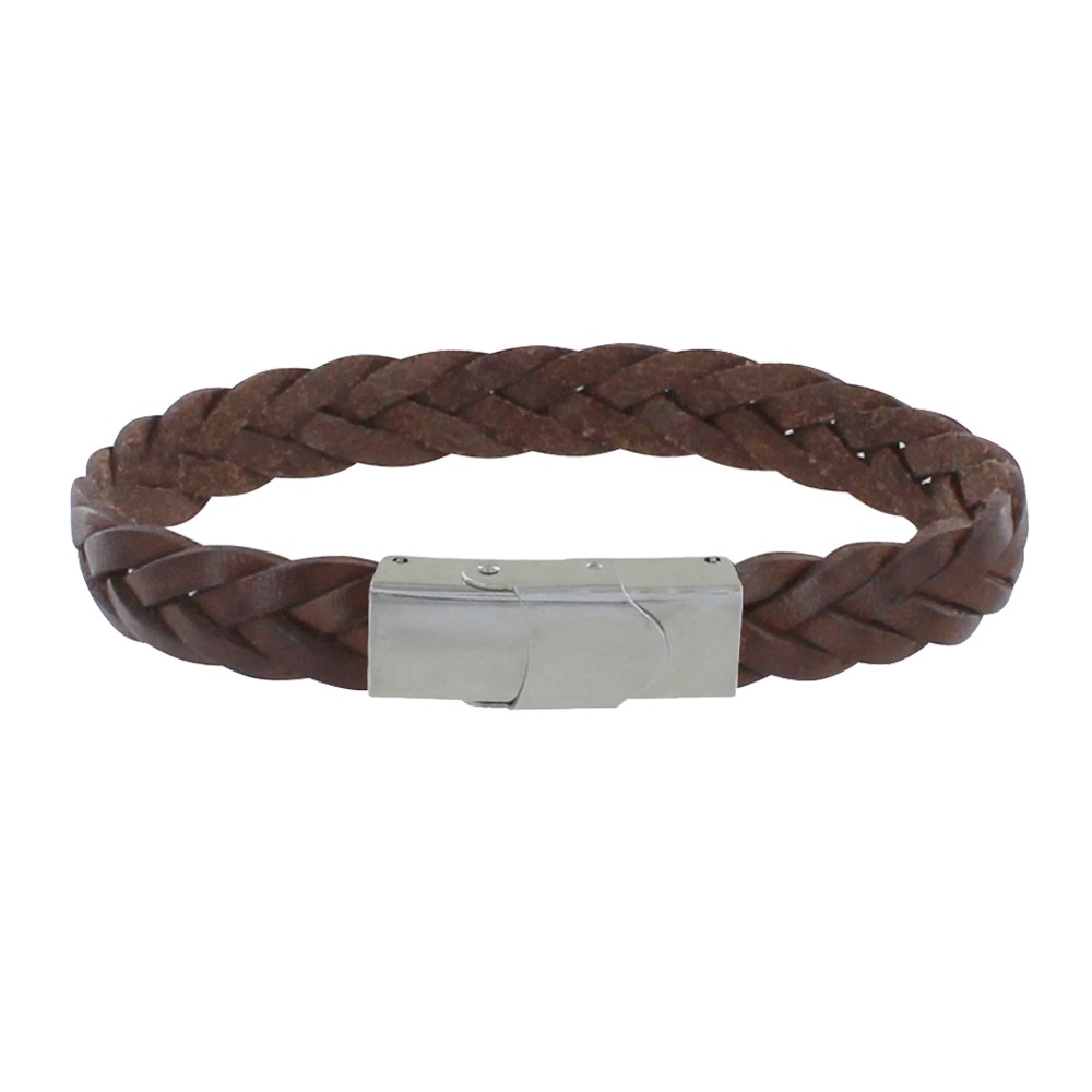 LES POULETTES BIJOUX Bracelet Enfant Cuir Marron Foncé Tréssé Plat Fermoir Acier Ino