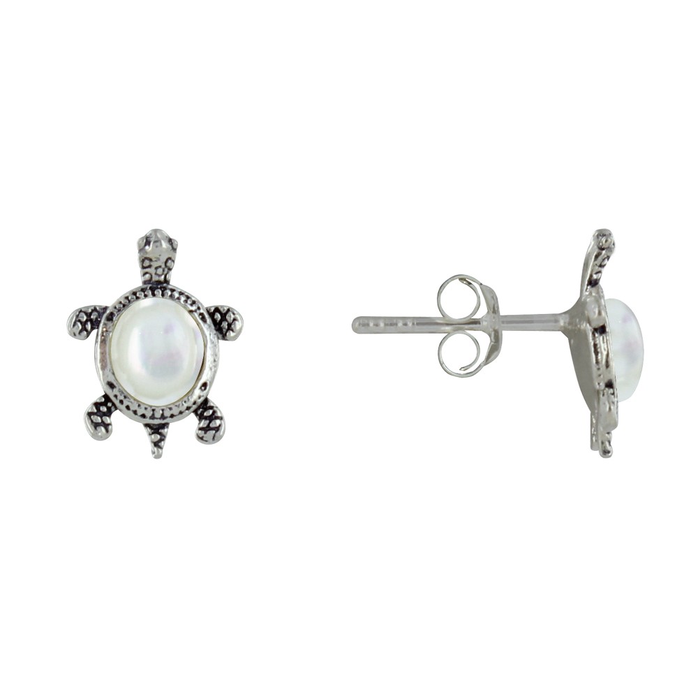 LES POULETTES BIJOUX Boucles d'Oreilles Argent 925 Tortue des Galapagos et Cabochon