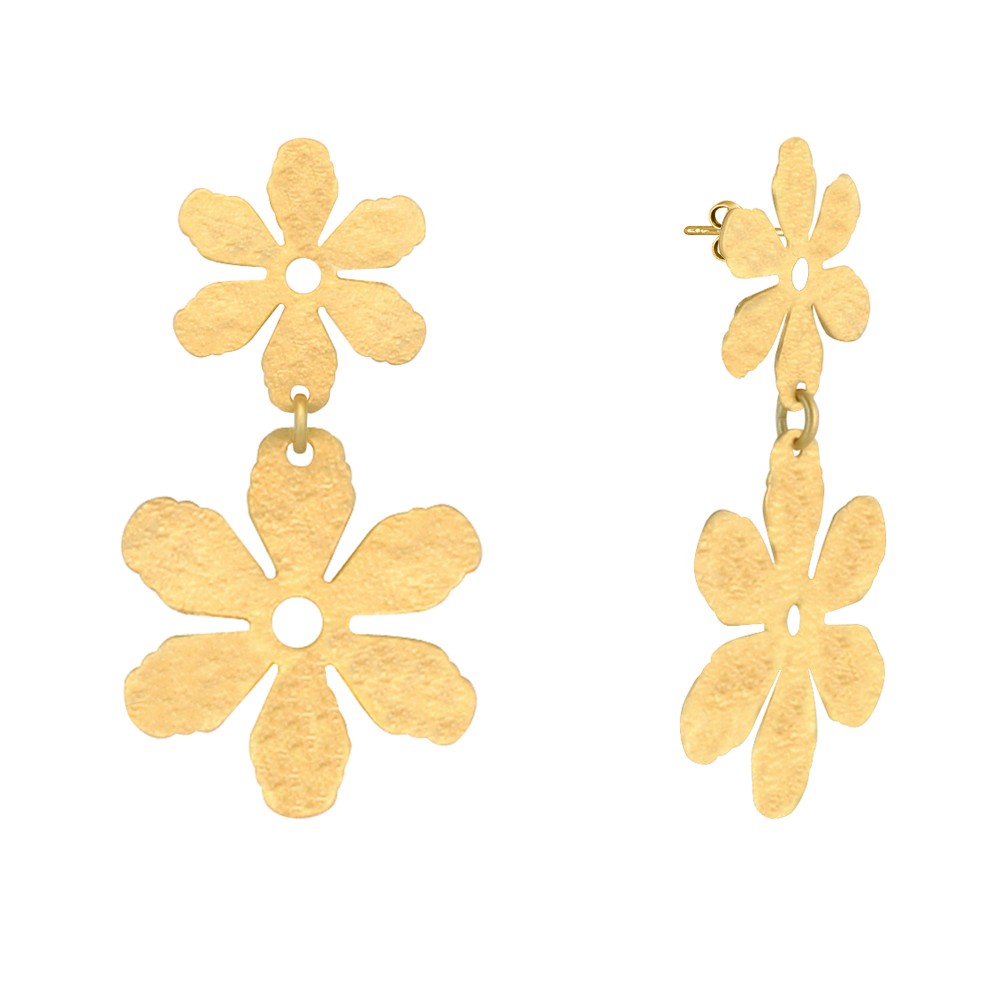 LES POULETTES BIJOUX Boucles d'Oreilles Clous Laiton Doré Deux Fleurs Brossées