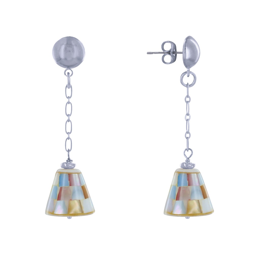 LES POULETTES BIJOUX Boucles d'Oreilles Clous Laiton Chainette et Cône en Nacre Face