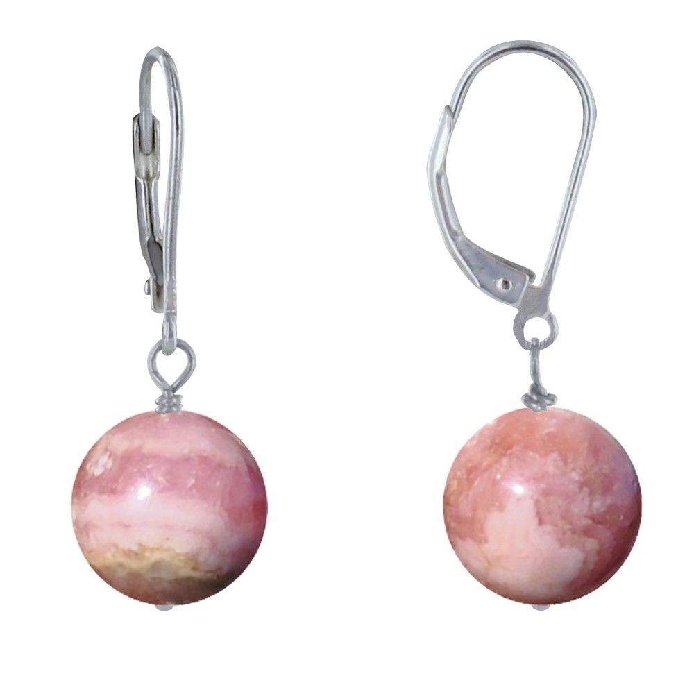 LES POULETTES BIJOUX Boucles d'Oreilles Dormeuse Argent 925 et Perle de Rhodochrosite