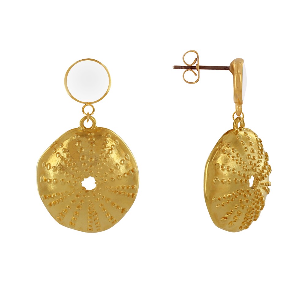 LES POULETTES BIJOUX Boucles d'Oreilles Laiton Doré Rond Coloré et Coquille d'Oursin
