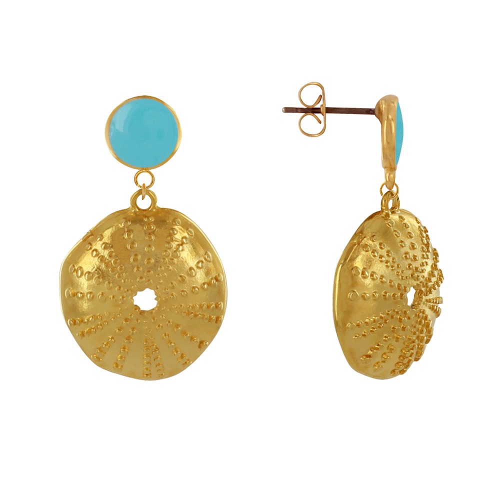 LES POULETTES BIJOUX Boucles d'Oreilles Laiton Doré Rond Coloré et Coquille d'Oursin