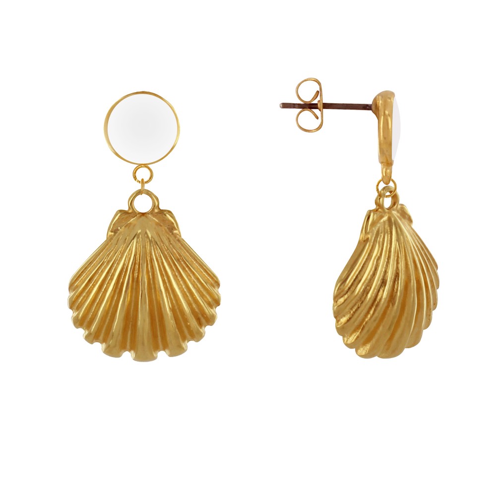 LES POULETTES BIJOUX Boucles d'Oreilles Laiton Doré Rond Coloré et Coquille Saint Ja