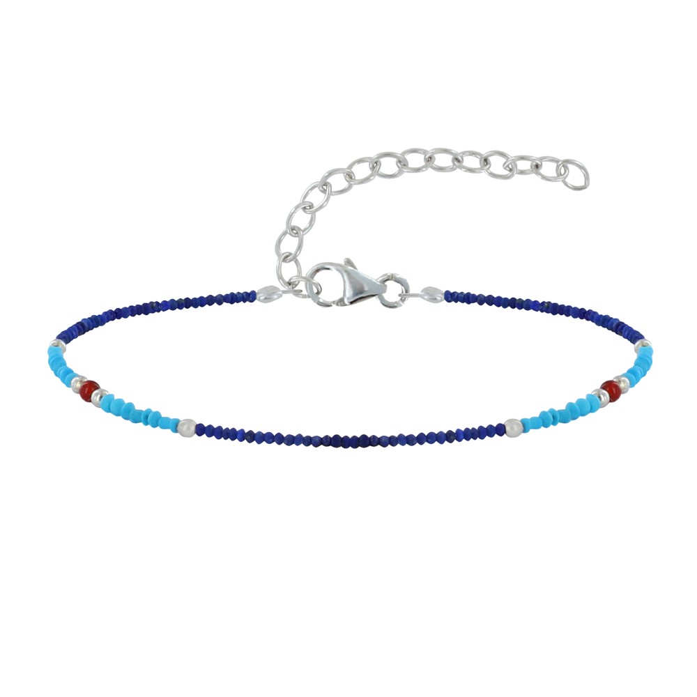LES POULETTES BIJOUX Bracelet Métal Argenté Perles de Turquoise Lapis Lazuli et Corn