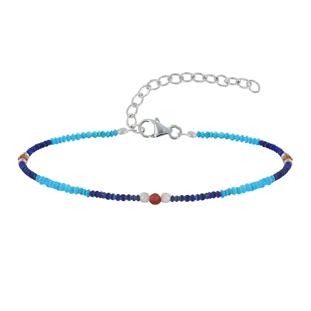 LES POULETTES BIJOUX Bracelet Métal Argenté Perles de Turquoise Lapis Lazuli et Corn