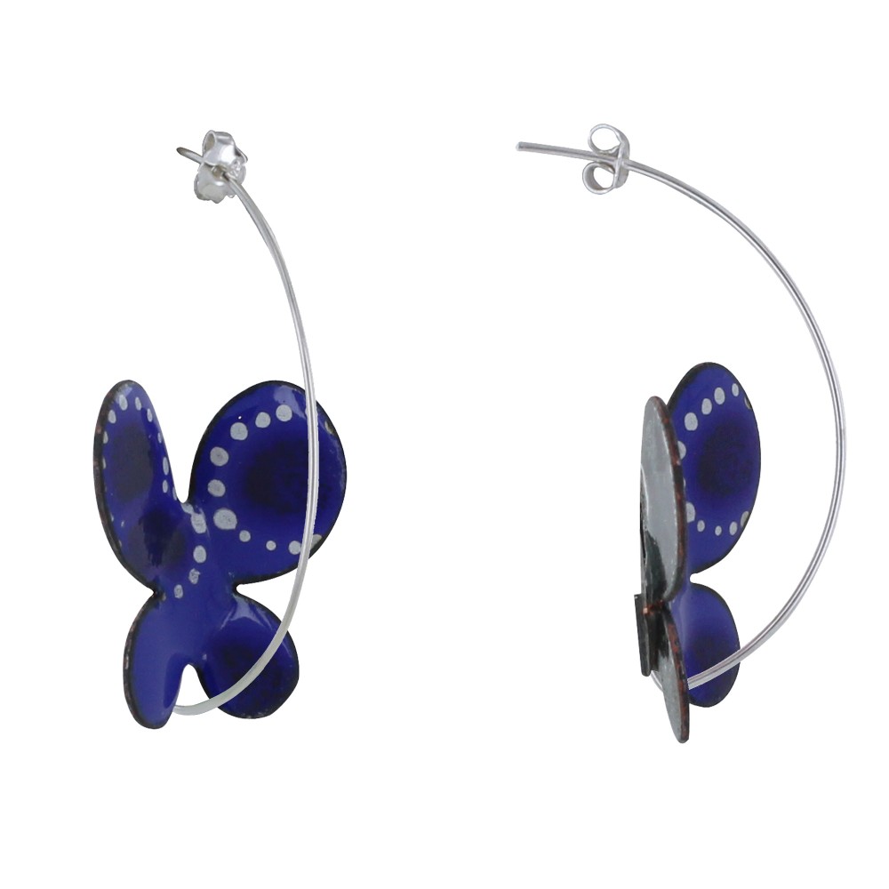 LES POULETTES BIJOUX Boucles d'Oreilles Papillons Émaillés Bleus Points Blanc et Ble