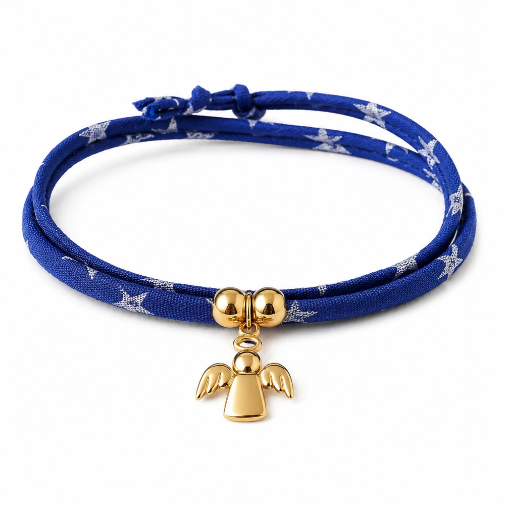 LES POULETTES BIJOUX Bracelet Double Tour Lien Coton Bleu et Petit Ange Plaqué Or