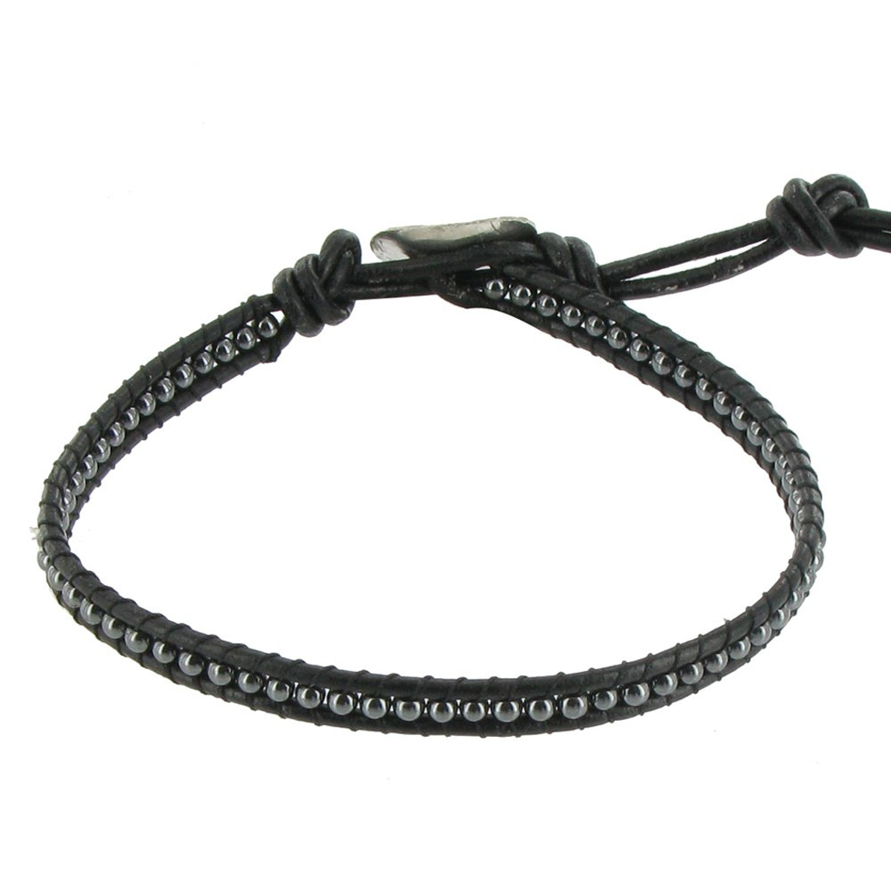LES POULETTES BIJOUX - Bracelet en Cuir Noir et Perles Hématite Fermoir Argent