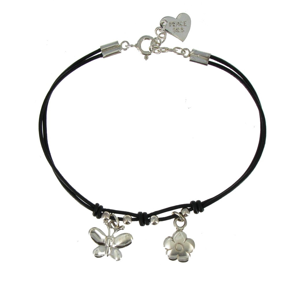 LES POULETTES BIJOUX Bracelet Fleur et Papillon Argent 925 Fil Cuir Noir