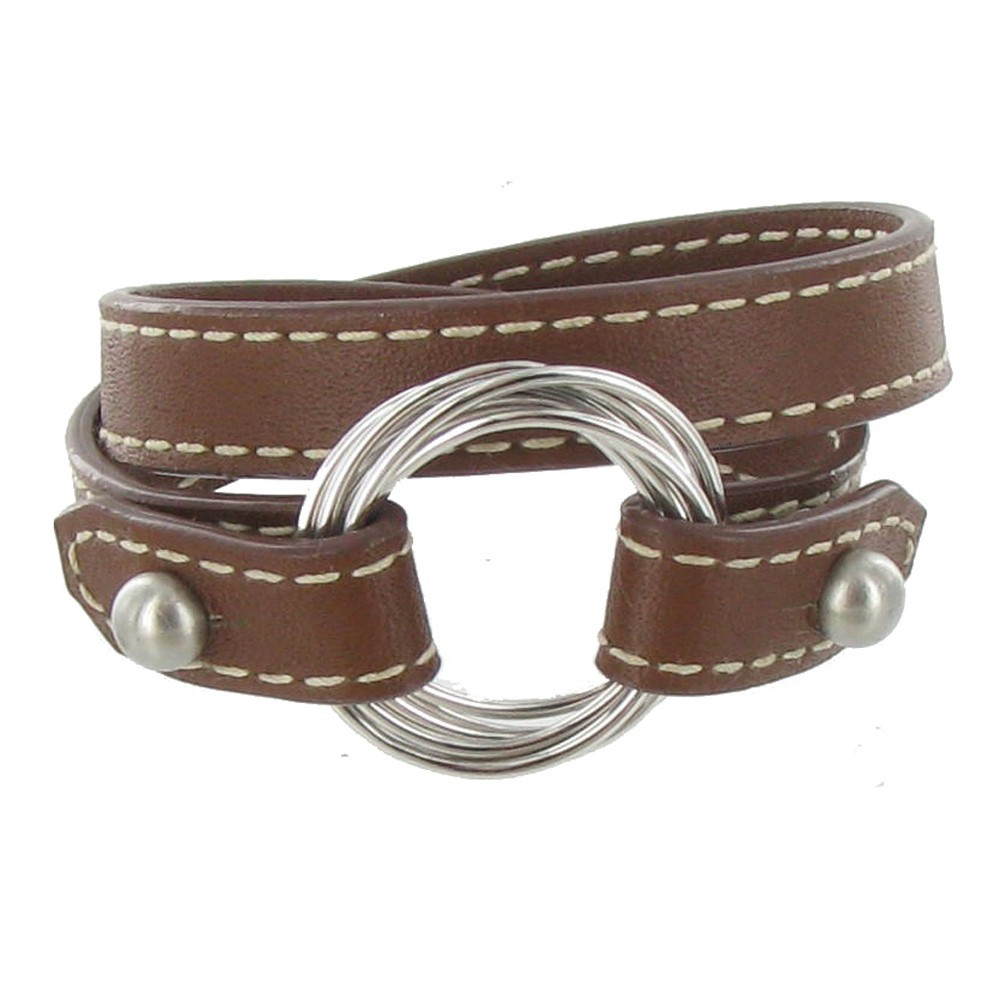 LES POULETTES BIJOUX Bracelet Double Tour Cuir et 6 Anneaux Argent 925 - Marron foncé