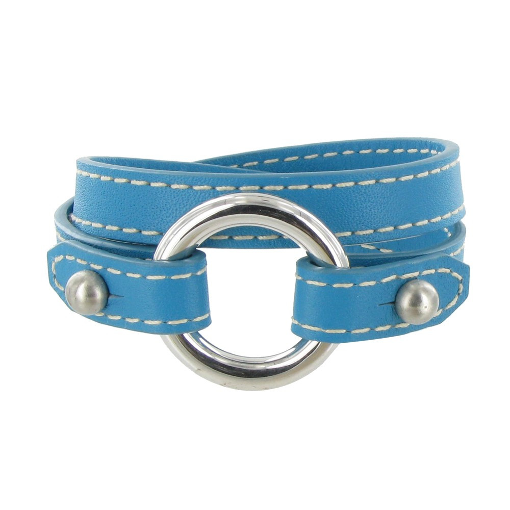 LES POULETTES BIJOUX Bracelet Double Tour Cuir et Anneau Argent 925 - Cuir Bleu Azur