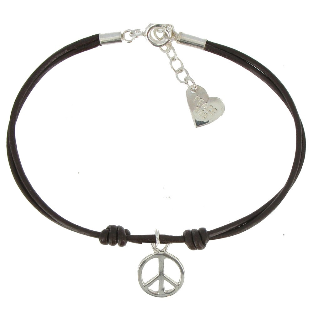 LES POULETTES BIJOUX - Bracelet Peace and Love Argent 925 Lien Cuir Marron Foncé