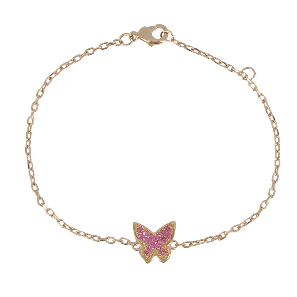 LES POULETTES BIJOUX V Bracelet Plaqué Or Papillon et Strass Rose