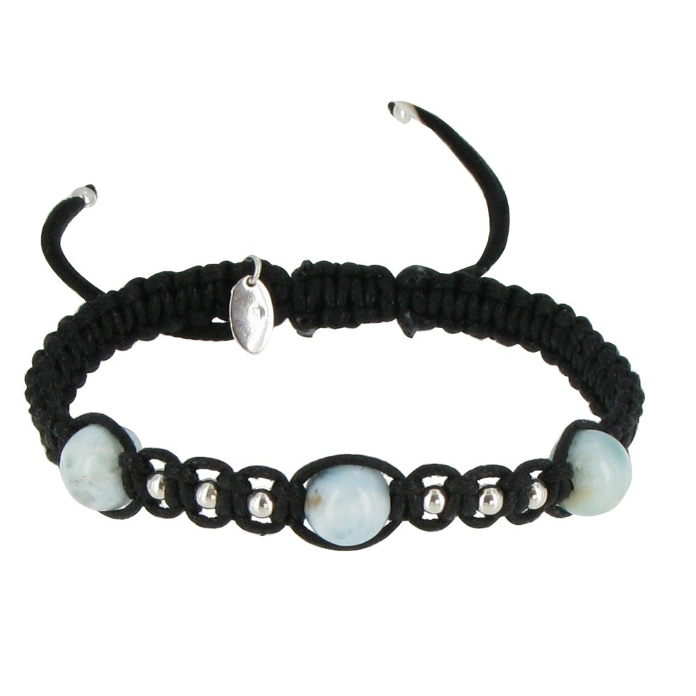 LES POULETTES BIJOUX Bracelet Shamballa Tressé Noir 3 Perles de Larimar et Argent