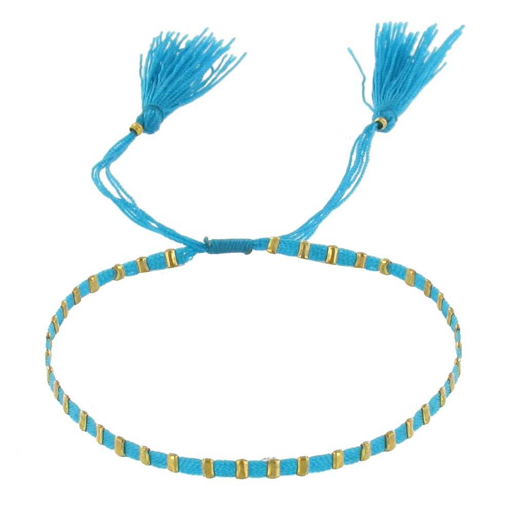 LES POULETTES BIJOUX V Bracelet Pompon Fil de Coton Turquoise et Perles Dorées