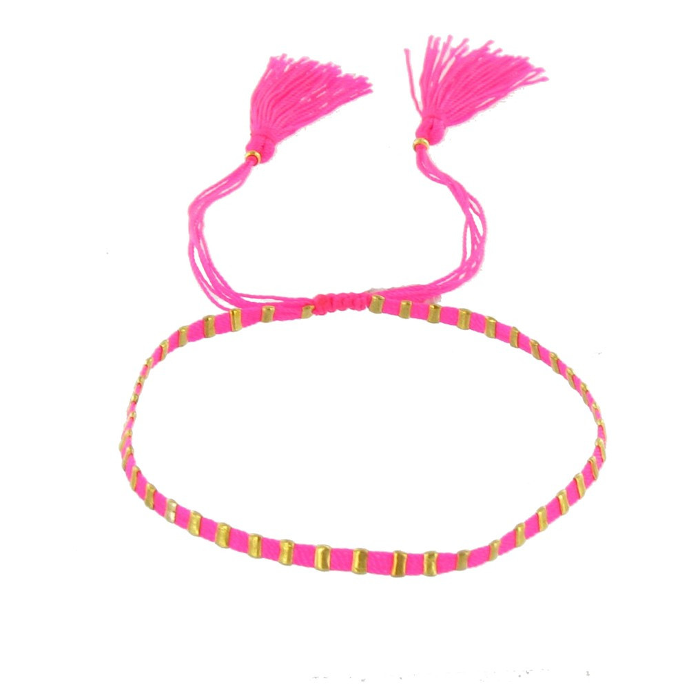 LES POULETTES BIJOUX V Bracelet Pompon Fil de Coton Rose Fluo et Perles Dorées