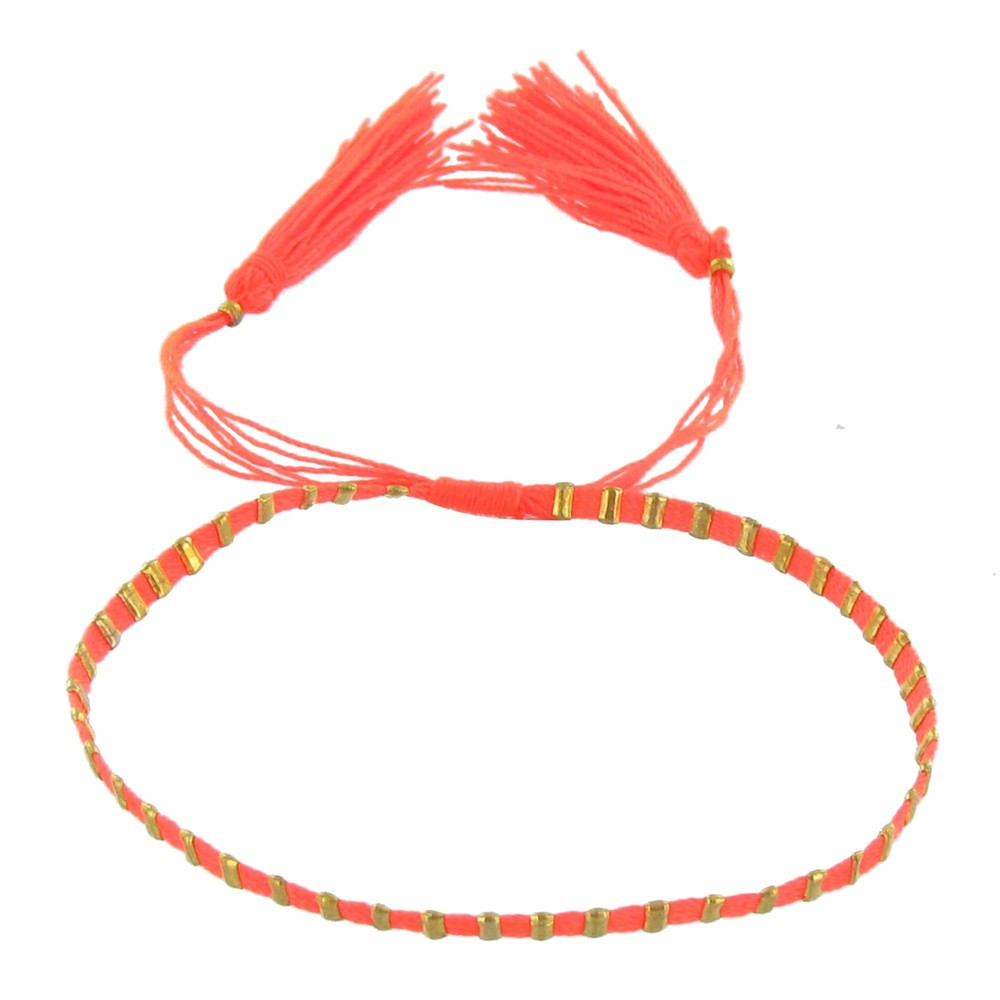 LES POULETTES BIJOUX V Bracelet Pompon Fil de Coton Orange Fluo et Perles Dorées