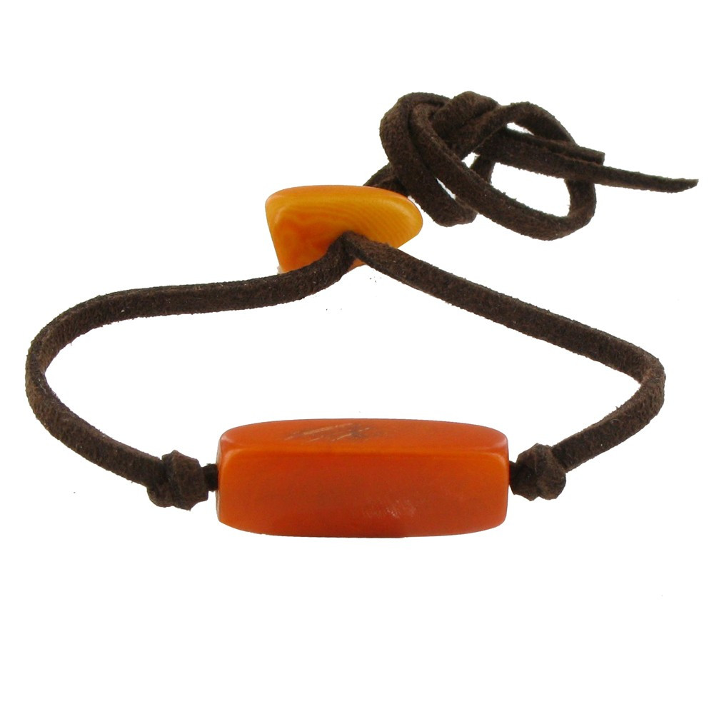 LES POULETTES BIJOUX Bracelet Tagua Orange Lien en Suédine Marron