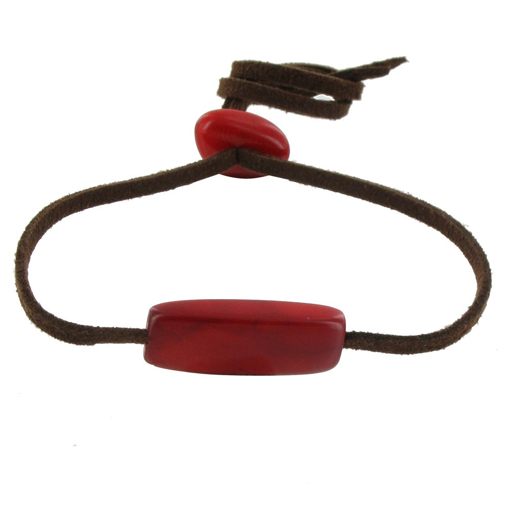 LES POULETTES BIJOUX Bracelet Tagua Rouge Lien en Suédine Marron