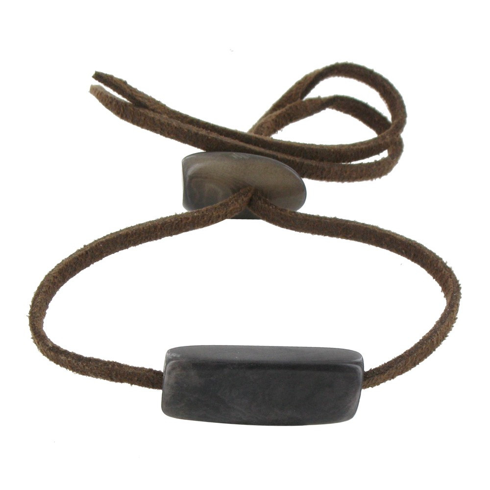 LES POULETTES BIJOUX Bracelet Tagua Gris Ardoise Lien en Suédine Marron